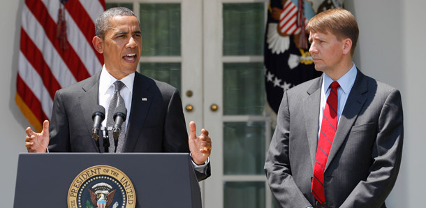 President Barack Obama announces the nomination of former Ohio Attorney General Richard Cordray, right, to serve as the first director of the Consumer Financial Protection Bureau on July 18, 2011. (AP/Manuel Balce Ceneta)