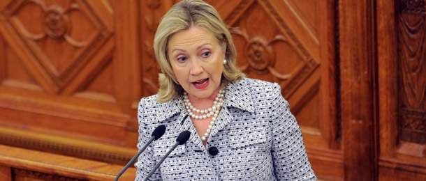 U.S. Secretary of State Hillary Rodham Clinton delivers a speech in Budapest, Hungary on June 30, 2011, during which she announced that the United States would seek "limited contacts" with Egypt's Muslim Brotherhood. (AP/Bela Szandelszky)