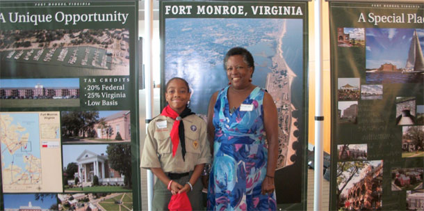 A member of the local boy scout troop that meets at Fort Monroe and call themselves the Moat Monsters shows his support for protecting the fort, a historic Civil War site. (Courtesy of the Conservation Lands Foundation)