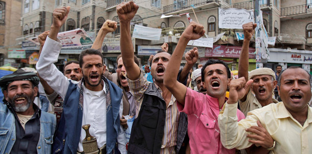 Antigovernment protesters shout slogans during a demonstration  demanding the resignation of Yemeni President Ali Abdullah Saleh in  Sana'a, Yemen, July 5, 2011. The United States should support Vice President Abd-Rabbu Mansour Hadi as the leader of the political transition. (AP/Hani Mohammed)