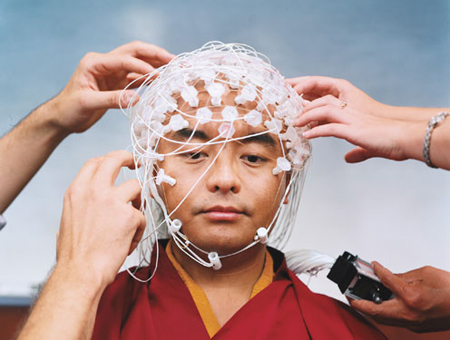 A Buddhist monk is fitted with electrodes in a neuroscience lab. (WIRED/<a href=