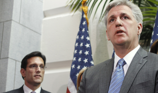 House Majority Leader Eric Cantor (R-VA), left, looks on as House Majority Whip Kevin McCarthy (R-CA) talks to reporters on Capitol Hill in Washington. The House Republican "jobs agenda" released yesterday by Rep. McCarthy takes us in the opposite direction from what the U.S. economy needs to get back on track creating middle-class jobs, investment, and technological innovation critical to economic growth. (AP/Jacquelyn Martin)