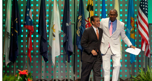 Los Angeles Mayor Antonio Villaraigosa, left, is introduced by NAACP board member Willis Edwards during the 102nd Annual Convention at the Los Angeles Convention Center (AP/Damian Dovarganes)