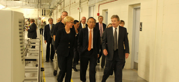 Gov. Jennifer Granholm, Energy Secretary Steven Chu, and A123 Systems President and CEO David Vieau tour A123 Systems's plant on its grand opening on September 23, 2010. A123 Systems has created 1,000 jobs through Energy Department loans that would be cut by the House-passed continuing resolution. (Flickr/<a href=