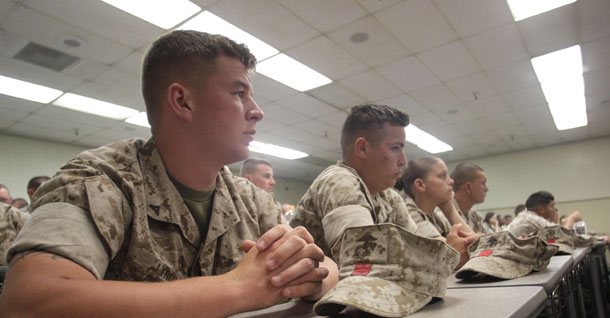 United States Marine Lance Cpl. Chris Lynch listens to a training  session to familiarize Marines with the military's new position on gay  and lesbian service members and the repeal of the Don't Ask, Don't Tell policy on April 28, 2011 at Camp Pendleton, California. (AP/Lenny Ignelzi)