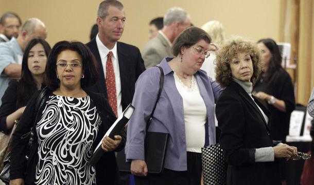 Job seekers line up for interviews during a job fair Thursday, September 1, 2011, in San Mateo, California. Unemployment remains at 9.1 percent, the 26th month of unemployment at or above 9.0 percent. (AP/Marcio Jose Sanchez)