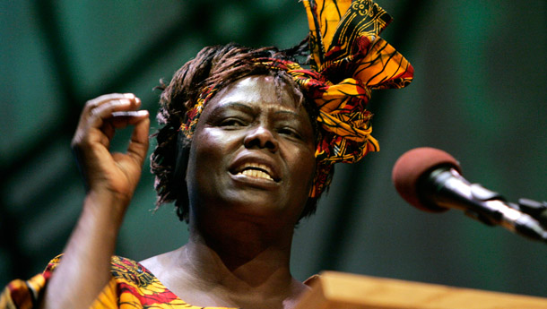 Nobel Peace Prize laureate Wangari Maathai speaks during the Nobel Peace Prize Forum on March 10, 2006, at Luther College in Decorah, Iowa. (AP/Charlie Neibergall)