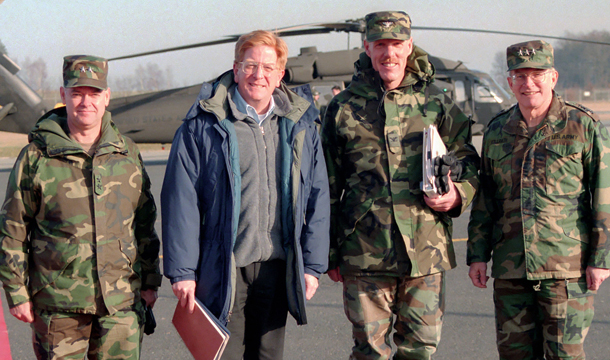  Left to right, U.S. Army Major General Timothy Maude,  Under Secretary of Defense (Personnel & Readiness) Rudy deLeon, staff officer US Army Europe, and  Lieutenant General Fred Vollrath, Army Deputy Chief of Staff are shown planning U.S. expeditionary force deployments in Stuttgart, Germany in January 1998.  On September 11, 2001, Lieutenant Tim Maude was at his Pentagon post the moment of the terrorist attack. (Center for American Progress)
