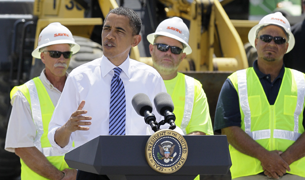 President Barack Obama delivers remarks at the groundbreaking of a road project funded by the American Recovery and Reinvestment Act, Friday, June 18, 2010, in Columbus, Ohio. The Recovery Act was responsible for 2.4 million jobs each quarter from the months after its passage in February 2009 to the present. (AP/Amy Sancetta)