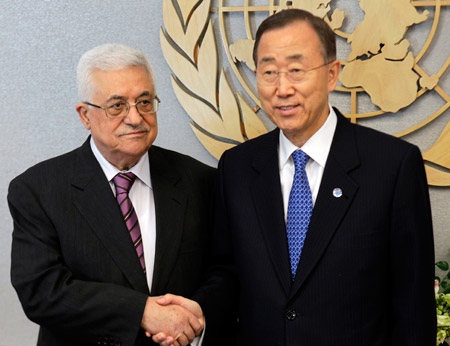 Palestinian Authority president Mahmoud Abbas, left, shakes hands with U. N. Secretary General Ban Ki-moon during the 66th session of the General Assembly on September 19, 2011, at U.N. headquarters. (AP/Seth Wenig)