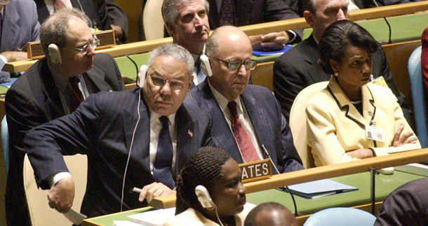 Center row from left, U.S. Secretary of State Colin Powell, U.S. Ambassador to the United Nations John Negroponte, and National Security Adviser Condoleezza Rice sit in the General Assembly at the U.N. headquarters on September 12, 2002. Many liberals were convinced by Powell's speech at the United Nations on Iraq's possession of weapons of mass destruction. (AP/Elise Amendola)