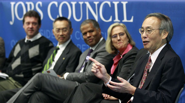 Secretary of Energy Steven Chu, right, makes remarks as other panelists listen during the jobs competitiveness listening and action session Wednesday, August 31, 2011, in Portland, Oregon. (AP/Rick Bowmer)