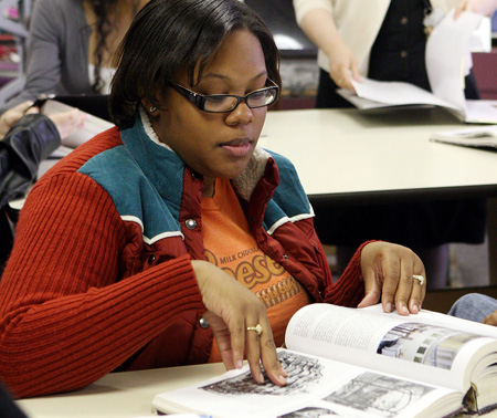 Jasmine Price, a 10th grader at Dallas's Talented and Gifted Magnet school, studies early American art during an advanced placement art history class. (AP/Amy Conn-Gutierrez)