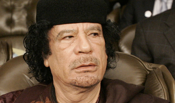 Former Libyan leader Moammar Qaddafi is seen during the Arab Summit in Damascus, Syria, March 29, 2008. (AP/Hussein Malla)