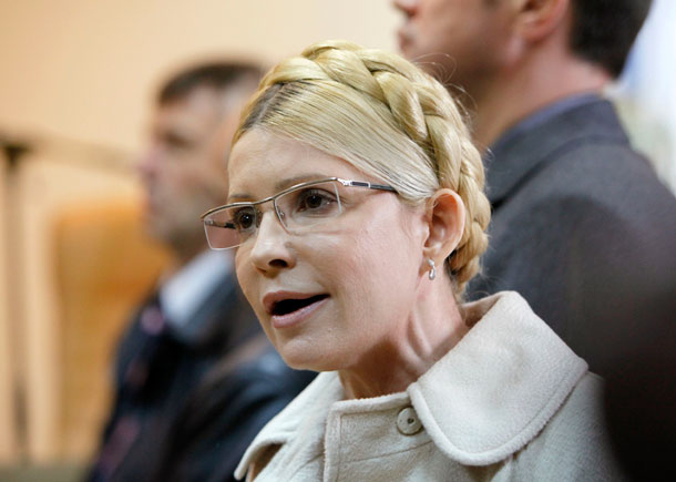 Former Ukrainian Prime Minister Yulia Tymoshenko speaks during her trial at the Pecherskiy District Court in Kiev, Ukraine, on October 11, 2011. (AP/Efrem Lukatsky)