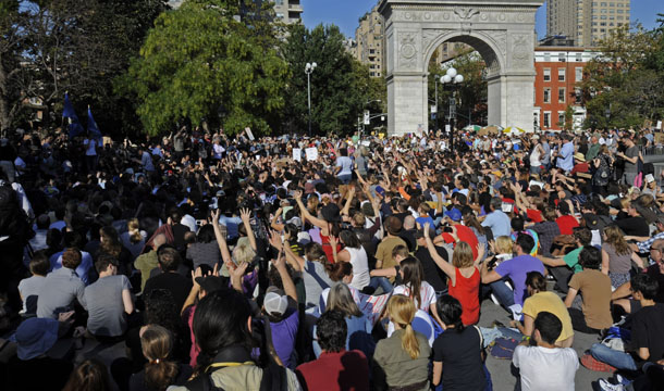 Occupy Wall Street protesters gather in Washington Square Park, Saturday, October 8, 2011, in New York. (AP/Henny Ray Abrams)