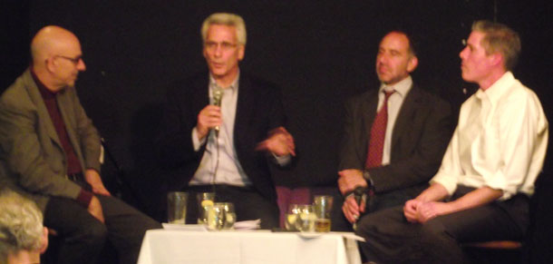 Ruy Teixeira, Jared Bernstein, Dean Baker, and John Halpin discuss the framework for a successful progressive economy on November 9 at Busboys and Poets in Washington, D.C. (Center for American Progress)