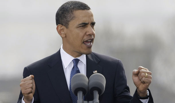 President Barack Obama delivers a speech in Prague, Czech Republic, Sunday, April 5, 2009. In the speech, the president announced his commitment to rid the world of nuclear weapons. (AP/Herbert Knosowski)