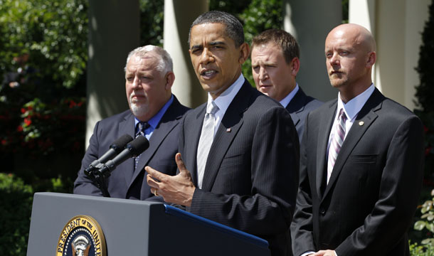 President Barack Obama, joined by small-business owners, makes an announcement in the Rose Garden of the White House in Washington, Friday, June 11, 2010. (AP/J. Scott Applewhite)