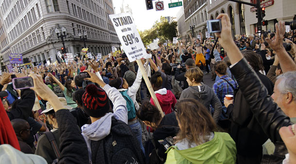 Occupy Oakland protesters rally Wednesday, November 2, 2011, in downtown Oakland, California. (AP/Ben Margot)