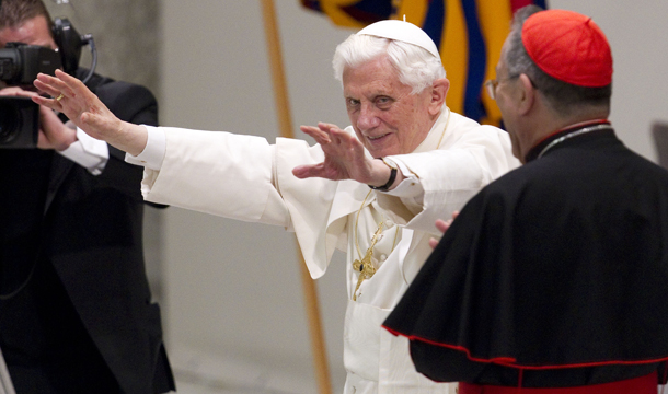 Pope Benedict XVI delivers his blessing during a special audience he granted to members of the "Sister Nature" foundation, in the Pope Paul VI hall at the Vatican, Monday, November 28, 2011. (AP/Andrew Medichini)