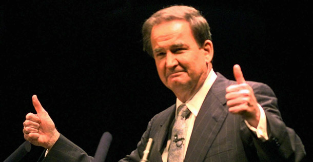 Pat Buchanan on the campaign trail in 1996. His new book offers more of the same pro-white, pro-conservative propganda he's peddled for decades. (AP/Eric Draper)