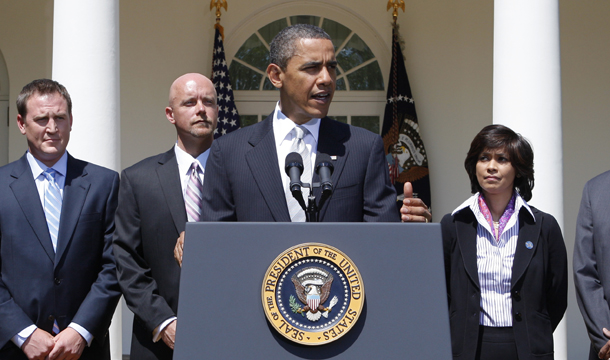 President Barack Obama, joined by small-business owners, makes an announcement in the Rose Garden of the White House in Washington, Friday, June 11, 2010. (AP/J. Scott Applewhite)