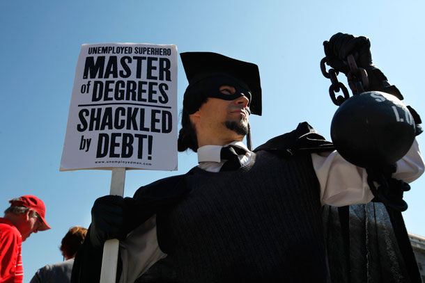 Unemployed superhero "The Master of Degrees," a character from the book <i>The Adventures of Unemployed Man</i>, created by Gan Golan and Erich Origen. <a href=
