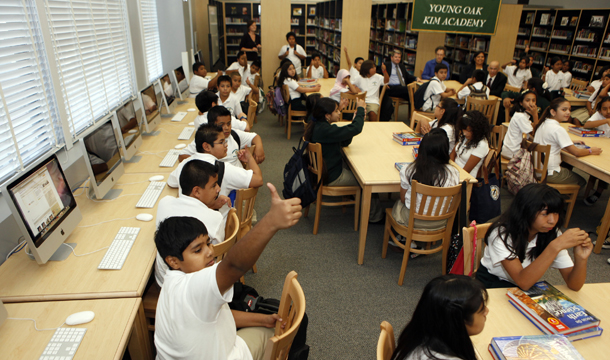 The Los Angeles Unified School District's Young Oak Kim Academy, a school that teaches boys and girls in single gender core classes, including technology, math, science, and engineering, is seen on its first day of school, Wednesday, September 9, 2009, in Los Angeles. (AP/Damian Dovarganes)