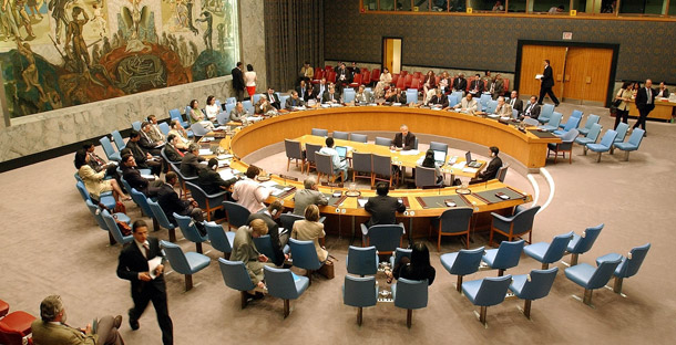 Members of the U.N. Security Council take their seats at the  opening of a meeting at U.N. headquarters on July 9, 2003. The fiscal year State Department and Foreign Operations appropriations bill headed to the Senate floor this week is sure to stir debate over U.S. funding for the United Nations. (AP/Gregory Bull)