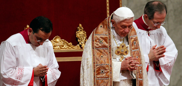 Pope Benedict XVI prays as he  celebrates a Vespers ceremony in St. Peter's Basilica at the Vatican on November 4, 2011. The Vatican released a note late last month calling for stricter regulation of global financial markets. (AP/Pier Paolo Cito)