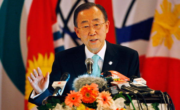 U.N. Secretary-General Ban Ki-moon gives a speech prior to the Durban, South Africa, UNFCC conference, urging world leaders to create a multibillion-dollar fund to fight the effects of climate change. (AP/Pavel Rahman)