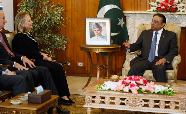 U.S. Secretary of State Hillary Clinton meets with Pakistani President Asif Ali Zardari in Islamabad, Friday, Oct. 21, 2011. (AP/ Kevin Lamarque)