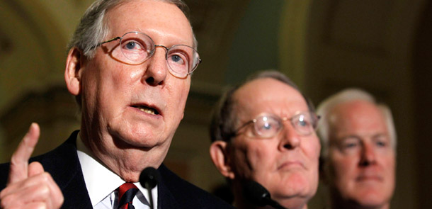 Republican Senate Minority Leader Mitch McConnell of Kentucky, left,  accompanied by Sen. Lamar Alexander, (R-TN), center, and Sen. John  Cornyn, (R-TX), speaks at a news conference on Capitol Hill on November 16, 2010, about Congress's agenda before the end of that year. The Bush tax cut extension that occurred at the end of 2010 is the legislative factor by far most responsible for this year’s deficit. (AP/Alex Brandon)