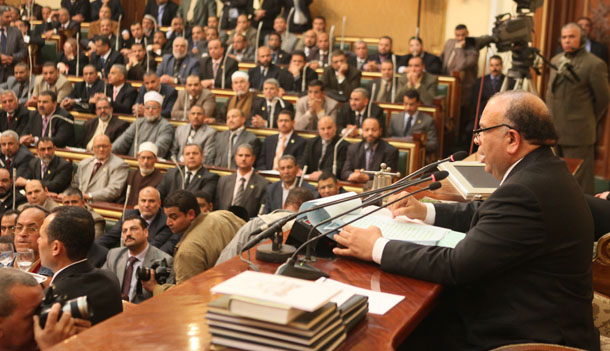 Saad el-Katatni, Egypt's newly elected parliament speaker, addresses the first session since Egypt's former President Hosni Mubarak stepped down nearly a year ago, in Cairo, Egypt, Monday, January 23, 2012. (AP/Khaled Elfiqi)