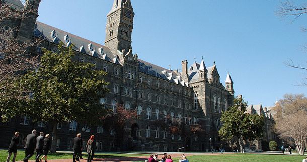 The Georgetown University campus is shown in Washington, D.C. Schools such as Georgetown and Fordham negotiate contracts with health insurers that purposely exclude coverage of benefits that they deem in conflict with the Vatican’s teachings—benefits including infertility treatments, abortion care, and contraception. (Flickr/<a href=
