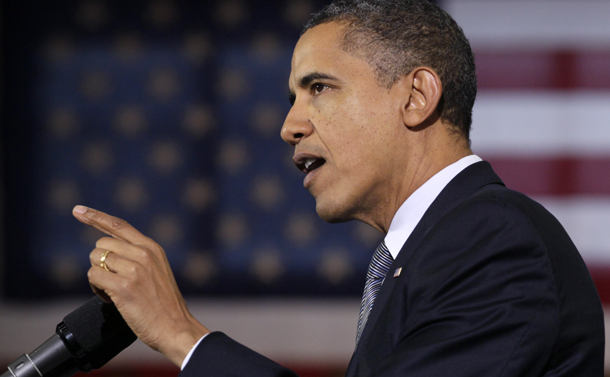 President Barack Obama speaks about the economy, Tuesday, December 6, 2011, at Osawatomie High School in Osawatomie, Kansas. (AP/Carolyn Kaster)