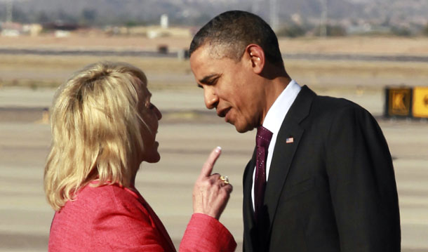 Arizona Gov. Jan Brewer points her finger in the face of President Barack Obama during an intense conversation at Phoenix-Mesa Gateway Airport, Wednesday, January 25, 2012, in Mesa, Arizona. (AP/Haraz N. Ghanbari)