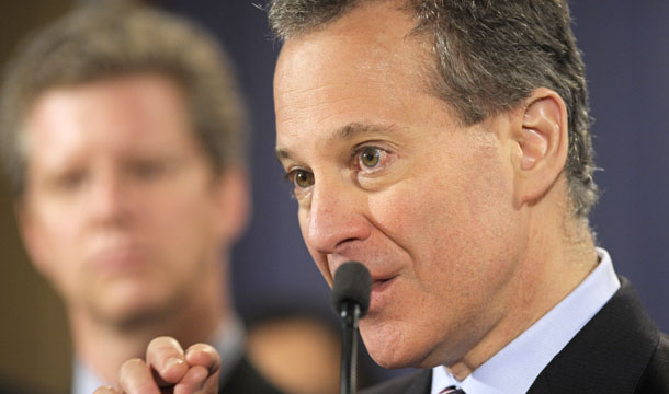 New York Attorney General Eric Schneiderman speaks at the Justice Department in Washington, Friday, January 27, 2012, following Attorney General Eric Holder's announcement of the formation of the Residential Mortgage-Backed Securities Working Group. (AP/Cliff Owen)