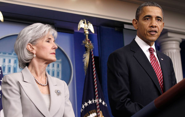 President Barack Obama, accompanied by Health and Human Services Secretary Kathleen Sebelius, announces the revamp of his contraception policy requiring religious institutions to fully pay for birth control.
  (AP/Pablo Martinez Monsivais)