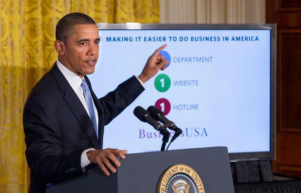 President Barack Obama delivers remarks on government reform in January 2012. The Business USA portal is part of his government restructuring plan.
<br /> (AP/J. Scott Applewhite)