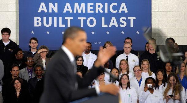 Students at Northern Virginia Communtiy College listen to President Barack Obama speak about the Community College to Career Fund. (AP/ Susan Walsh)