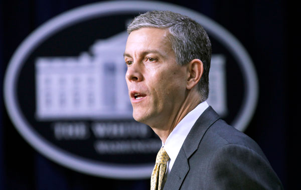 Education Secretary Arne Duncan speaks in the Eisenhower Executive Office Building in Washington. There are several 