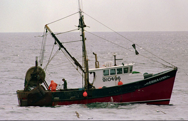 Crewmen on the trawler Erika-Lynn of Port Clyde, Maine, work on rigging while fishing in the Gulf of Maine. (AP/Robert F. Bukaty)