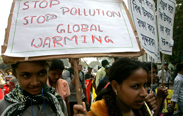 Schoolgirls participate in a 2009 rally demanding carbon reduction in Calcutta, India. India is one of the many countries with communities participating in a carbon fast during Lent this year.
  (AP/Bikas Das)