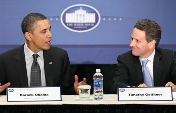 President Barack Obama and Treasury Secretary Timothy Geithner participate in a forum last year. The White House and Treasury Department released a joint plan in February for reforming the corporate tax system.
<br /> (AP/Carolyn Kaster)