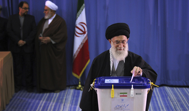 Iranian Supreme Leader Ayatollah Ali Khamenei casts his ballot for the parliamentary elections in Tehran, Iran, Friday, March 2, 2012. (AP/Office of the Supreme Leader)