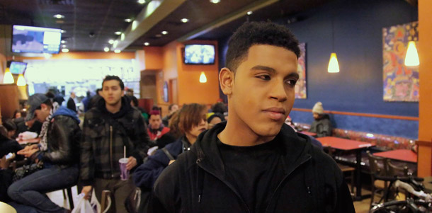 Baresco Escobar, 19, an aspiring entertainer who identifies himself as bisexual, visits a local fast food hangout in Manhattan's Union Square popular with youth from the gay and transgender community on  March 1, 2012, in New York. When he leaves in the late evening, Escobar goes to the far end of Brooklyn to sleep in an abandoned house with dozens of other homeless kids.  (AP/Bebeto Matthews)