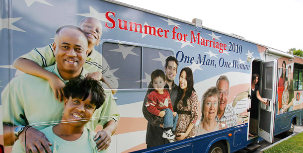 A National Organization for Marriage recreational vehicle gets set to hit the road in Augusta, Maine. The Human Rights Campaign earlier this week obtained copies of the National Organization for Marriage’s confidential  strategy documents, which disclosed the conservative organization’s plan  to use despicable race-baiting tactics in its fight against marriage  equality across our country. (AP/Robert F. Bukaty)