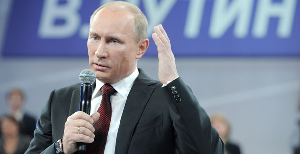 Russian Prime Minister and presidential candidate Vladimir Putin speaks at a meeting with his campaign activists in Moscow on February 29, 2012. (AP/RIA-Novosti, Alexei Druzhinin, Government Press Service)